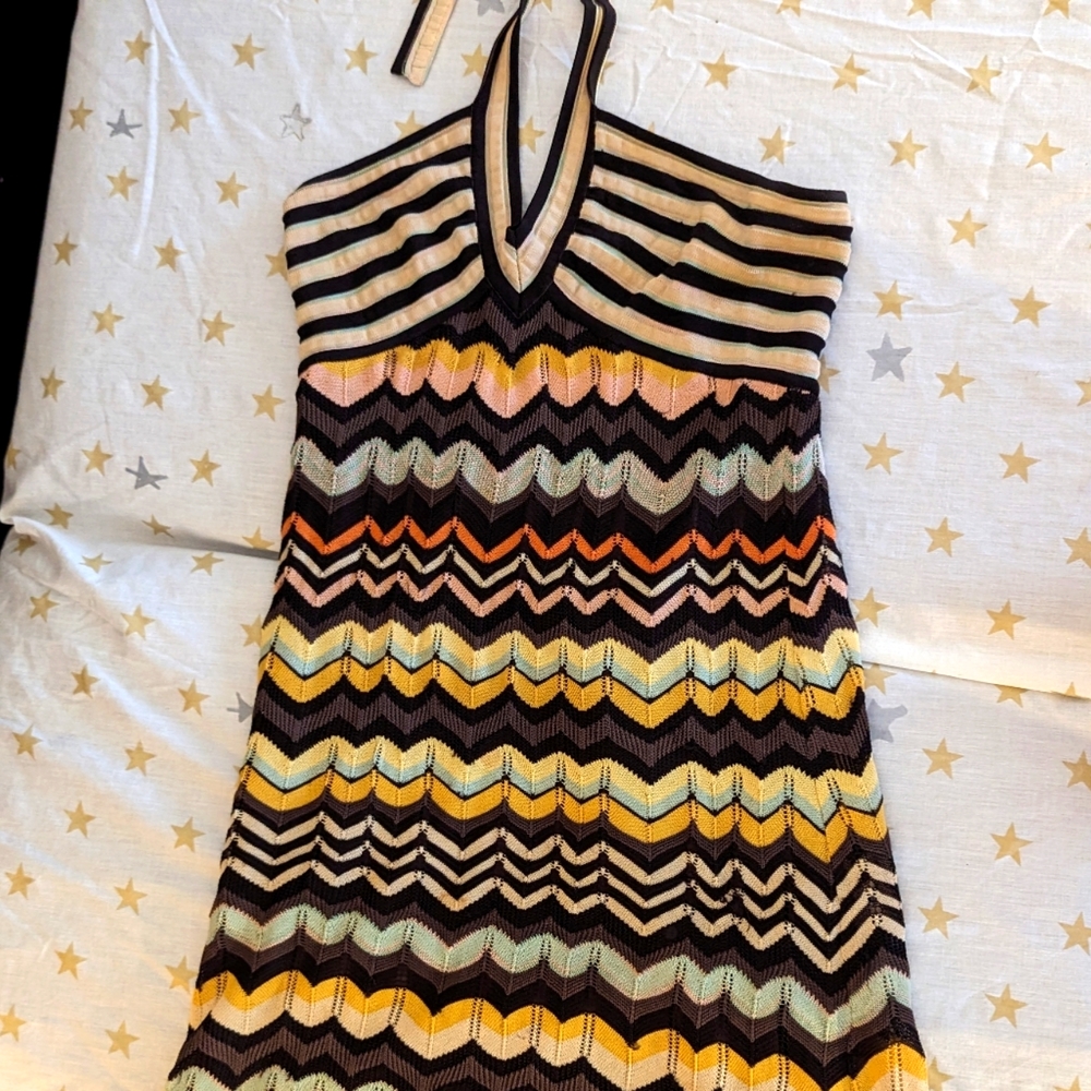 Missoni Halter top Dress with Scalloped Bottom. Fall Colors, Brown, Yellow, Blue